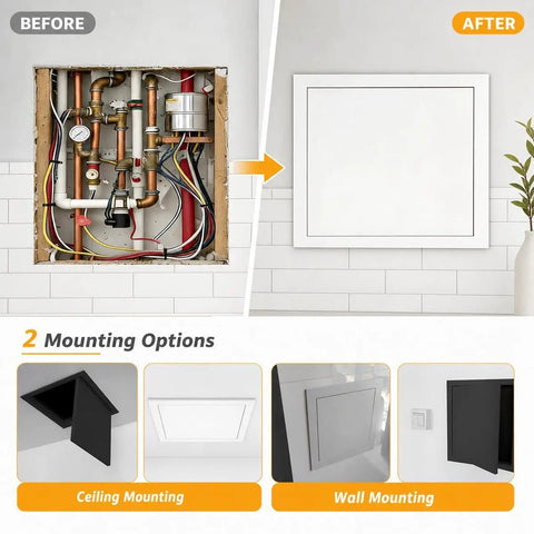 Before and after of Rock Solid Aluminum Push To Open Access Panel for Drywall, 15x18 inches, showcasing mounting options.