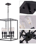 Black Classic Farmhouse 6 Light Pendant Chandelier With Square Cage Shades, Ceiling Hanging Fixture Image Collage
