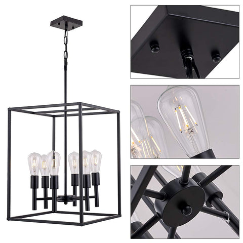 Black Classic Farmhouse 6 Light Pendant Chandelier With Square Cage Shades, Ceiling Hanging Fixture Image Collage
