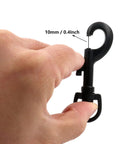 Built Tough Swivel Bolt Snap Hooks With D Ring Ends Rock Solid Lobster Claw Trigger Clips For Handbags Purses Knitting And Leatherwork Matte Black Pack Of 10 shown in hand with 10mm D ring.