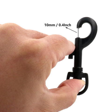 Built Tough Swivel Bolt Snap Hooks With D Ring Ends Rock Solid Lobster Claw Trigger Clips For Handbags Purses Knitting And Leatherwork Matte Black Pack Of 10 shown in hand with 10mm D ring.