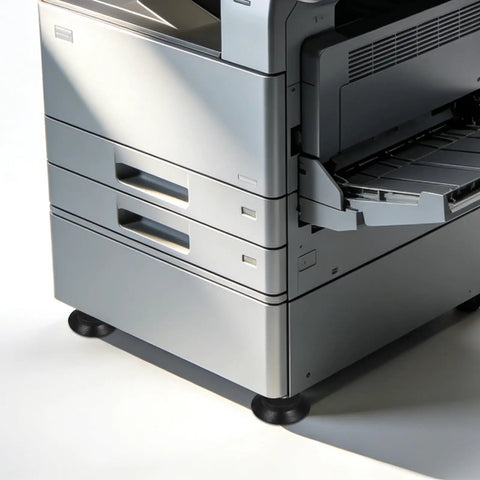 Ultimate 3D Printer Vibration Dampening Feet Pads In Black With Secure M6 Screws under a gray printer, showing rubber pads reducing noise.