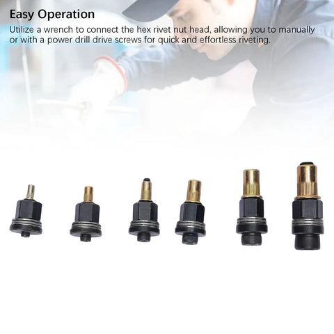 Built Tough Hand Rivet Nut Tool Set With M3 M4 M5 M6 M8 M10 Sizes, Smooth Carbon Steel Thread Installer with hex rivet nut heads.