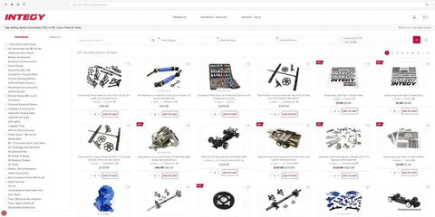 Integy website product page displaying RC model parts and accessories listings.