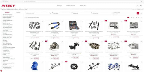 Integy RC parts online store product listings page showcasing various RC car tools and parts for sale, including screws and decals.