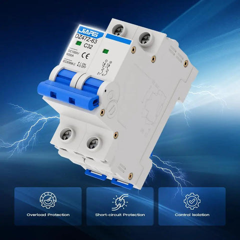 Miniature Circuit Breaker 1000V 2 Pole 32 Amp Isolator For Solar PV System With Thermal Magnetic Trip DIN Rail Mount C32 DC Disconnect Switch For Safe Power Distribution And Quick Fault Isolation, front view