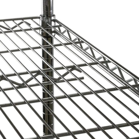 Chrome Wire Shelving Unit 12 Inch Deep By 36 Inch Wide With Two Tier Shelves Heavy Duty Steel Rack Adjustable Posts Each Shelf Up To 500 Lbs NSF Certified For Indoor Dry Storage Garage Ready Pantry Setup, close-up of chrome wire shelf and post