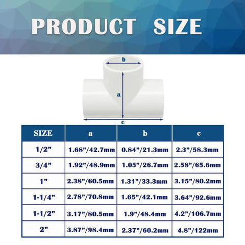 Size chart for Workhorse 10 Pack Half Inch White PVC Tee Pipe Fittings 3 Way Slip Socket Connectors For Sprinkler Systems