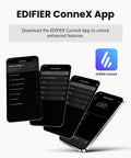 Four smartphones displaying EDIFIER ConneX App interface with feature list.