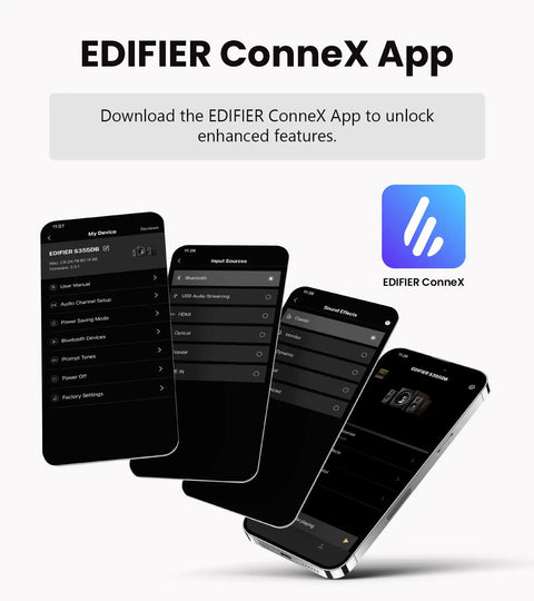 Four smartphones displaying EDIFIER ConneX App interface with feature list.