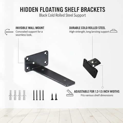 Invisible Shelf Brackets For Floating Shelves In Black Steel Hidden Support System No Visible Hardware For 1.2 To 1.5 Inch Wide Shelves