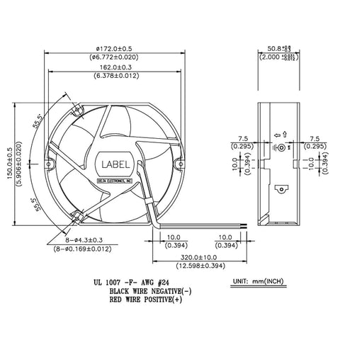 Technical diagram of 172mm Server Rack Fan with 3 Wire Waterproof Interface, dual ball bearing, for industrial cooling.
