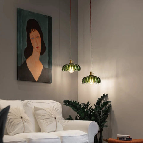 Chic Green Glass Plug In Pendant Light Fixture For Kitchen Island And Dining Room illuminating a cozy living room setting.