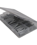 Get Ready For Any Job With This Huge 200PCS Tension Compression Spring Kit Featuring 20 Durable Metal Extension Coil Sizes Perfect For Tool Maintenance And Auto Repairs In An Organized Labeled Box. transparent labeled box with assorted metal tension and compression springs