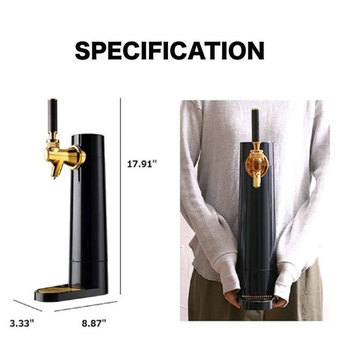 Top Shelf Mini Draft Beer Dispenser With Ultrasonic Fizz Lock Technology, shown held in hands, dimensions 17.91" x 3.33" x 8.87".