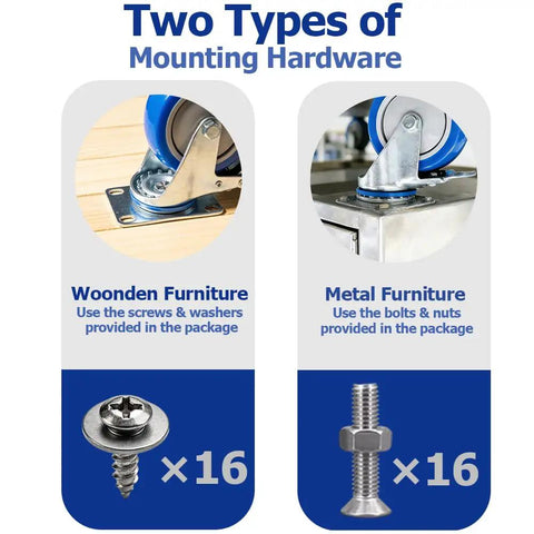 Two Types of Mounting Hardware for Heavy Duty Four Inch Caster Wheels With Locking Brakes for Wooden and Metal Furniture