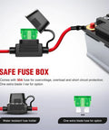 Close-up of a Safe Fuse Box with 30 Amp fuse, red cables, water resistant holder for Badass Electric Fuel Pump Relay Wiring Harness Kit.