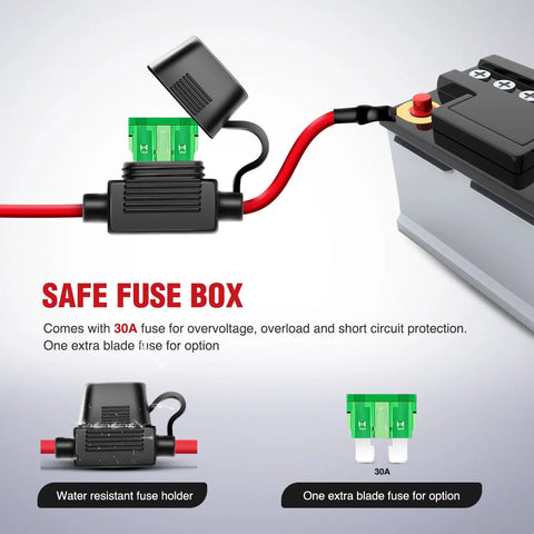 Close-up of a Safe Fuse Box with 30 Amp fuse, red cables, water resistant holder for Badass Electric Fuel Pump Relay Wiring Harness Kit.