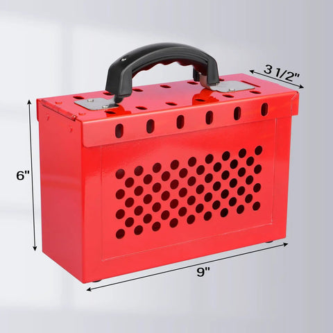 Portable Lockout Tagout Box For Group Lockout, 12 Padlocks Capacity, Heavy Duty 18 Gauge Steel Construction, red with handle