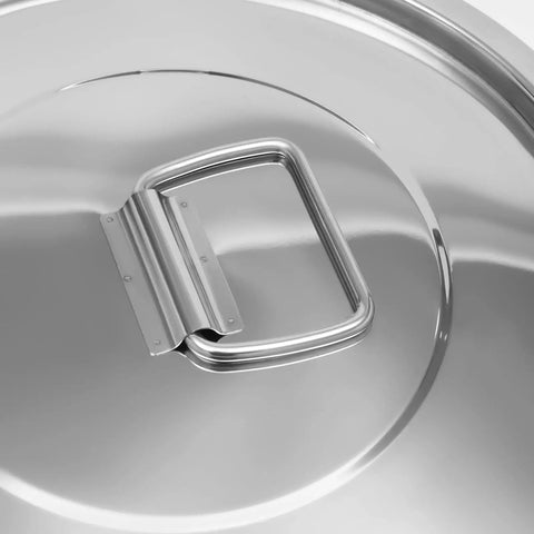 Close-up of heavy duty stainless steel canister lid with handle, part of Heavy Duty Stainless Steel Canister With Airtight Lids Keep Your Pantry Stale Free Organize Rice Flour Grain And Coffee Lock In Freshness Bulk Food Storage Bucket 8.7 Gallon.