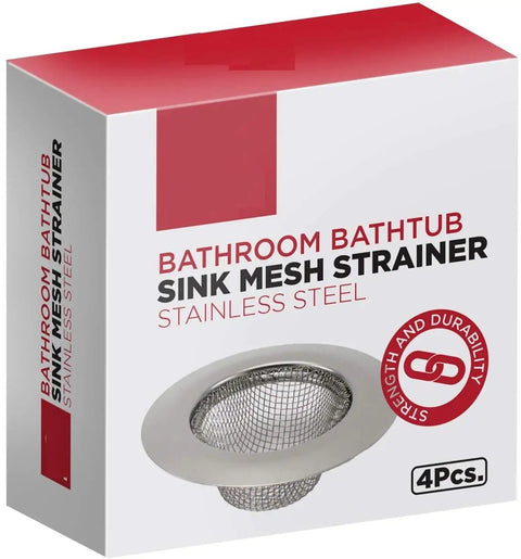 Box of Set Of 4 Stainless Steel Mesh Strainers For Bathroom Sink And Bathtub featuring dishwasher and rust resistant design.
