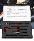 Open toolbox showing 25Pcs Pro Grade Thread Repair Kit M7x1 Stainless Steel Thread Inserts With Spiral Drill And Wrench For Auto Parts Includes 20 Threaded Inserts And Tap Tools To Repair Damaged Holes Quickly.