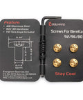 Upgraded Gold Stainless Steel Grip Screws For Beretta 92 Series With T10 Torx Wrench And Spare O Rings on packaging.
