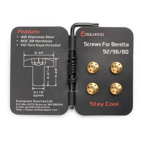Upgraded Gold Stainless Steel Grip Screws For Beretta 92 Series With T10 Torx Wrench And Spare O Rings on packaging.