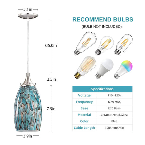 Three Light Pendant Set For Kitchen Island With Hand Blown Blue Glass Shades Chrome Canopy Product Details