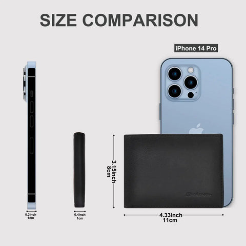 Ridiculously Sleek Slim RFID Blocking Wallet For Men With size comparison to iPhone 14 Pro