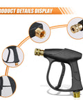 High Pressure Car Wash Gun With 4350 PSI Max Quick Connect One Quarter Inch Outlet And Five Nozzles For Fast Easy Car Cleaning M22 14 Thread Inlet Auto Cleaning Sprayer Tool, showing connectors and handle.