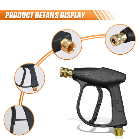 High Pressure Car Wash Gun With 4350 PSI Max Quick Connect One Quarter Inch Outlet And Five Nozzles For Fast Easy Car Cleaning M22 14 Thread Inlet Auto Cleaning Sprayer Tool, showing connectors and handle.