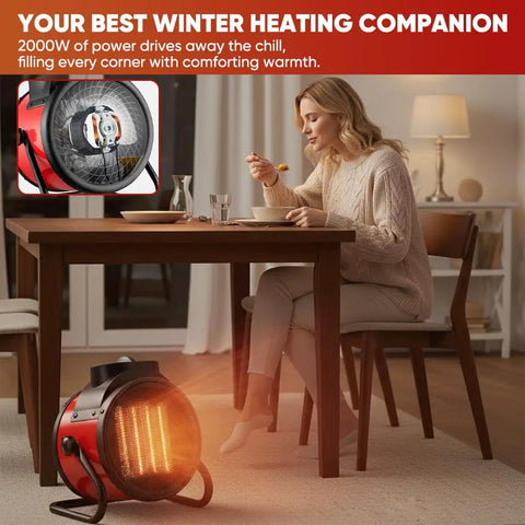Space Heater 1500W PTC Cranks Out Fast Heat With 90 Degree Adjustable Angle, woman using heater indoors at table