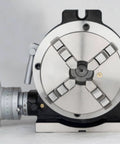 Ultra Compact Indexing Head With Kickass Four Jaw Control And Smooth 360 Dial showing 4 jaw chuck and graduated dial.