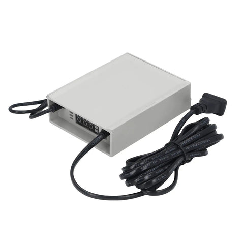 No Sweat 12V UPS Battery Backup With 3600mAh Capacity and All Weather Armor, grey casing with power cables.