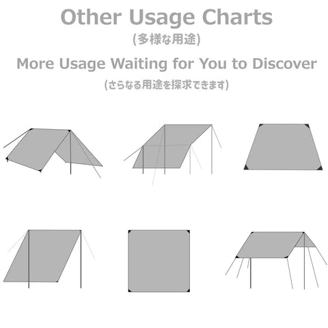 Usage diagrams for Waterproof Camping Tarp Rain Fly With UV Block Sunshade Canopy in different configurations.