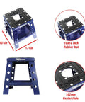 Universal Mini Dirt Bike Stand For Off Road And Supermoto 13 Inch High 10x10 Aluminum Deck With Rubber Grip, blue frame.