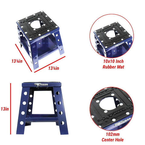 Universal Mini Dirt Bike Stand For Off Road And Supermoto 13 Inch High 10x10 Aluminum Deck With Rubber Grip, blue frame.