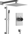 GRANDJOY 10" Rain Shower System with Handheld Spray, Slide Bar, Brushed Nickel installation components and features.