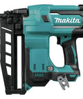 Cordless 18V LXT 16 Gauge Straight Finish Nailer, teal body, side view, tool-only, 2-1/2 inch nails, powerhouse trim gun