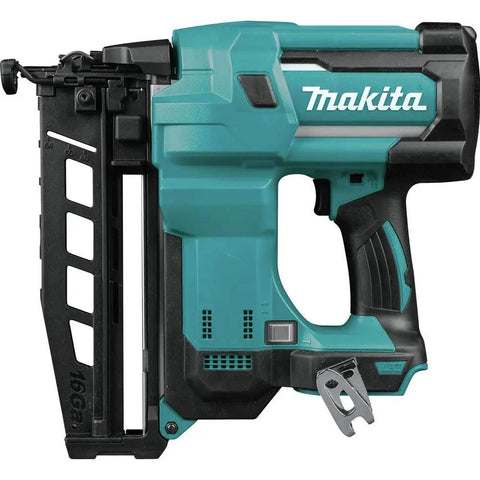Cordless 18V LXT 16 Gauge Straight Finish Nailer, teal body, side view, tool-only, 2-1/2 inch nails, powerhouse trim gun