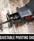 Close-up of adjustable pivoting shoe on SKIL Badass Brushless 12 Volt Reciprocating Saw Kit With Quick Charge Battery.