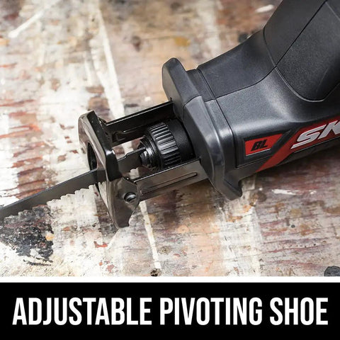 Close-up of adjustable pivoting shoe on SKIL Badass Brushless 12 Volt Reciprocating Saw Kit With Quick Charge Battery.