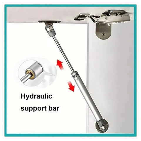 Lid Support Gas Strut For Kitchen Cabinets With Slow Close, 100N Holding Power, shown installed on a cabinet door