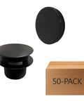 Dope Matte Black Tip Toe Bathtub Drain Stopper With Mushroom Overflow Faceplate One Half Inch Coarse Thread For Hella Smooth Step Control And Tight Fit Badass Zinc Hardware 50 Pack shown with boxed packaging.
