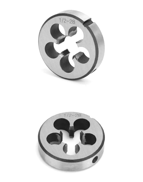 One Half Inch Twenty Eight UNEF Tap And Die Set HSS Right Hand Threading Tool Kit With Round Die And Plug Tap For Metal Machining Built Tough For Pros And DIYers Pro Grade Quality. Image shows metal round dies.