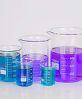 Five Size Borosilicate Griffin Low Form Beaker Set For Lab And Home Use 50 Ml 100 Ml 250 Ml 500 Ml 1000 Ml filled with colored liquid