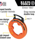 50 Foot Electrical Fish Tape Pro Grade With Steel Wire Puller, Double Loop Tip, Optimized Housing And Handle