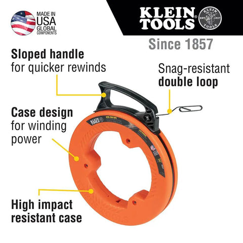 50 Foot Electrical Fish Tape Pro Grade With Steel Wire Puller, Double Loop Tip, Optimized Housing And Handle
