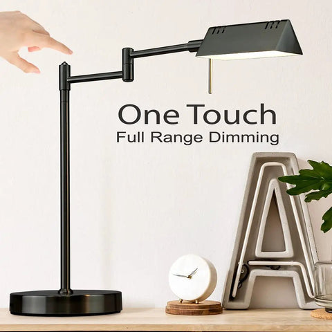 LED Desk Lamp With Full Range Dimming 12W, 1050 Lumens, 360 Degree Swing Arm, Black Finish on desk with decor